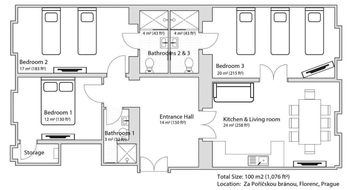 Apartment Florenc with 3-bathrooms & bedrooms